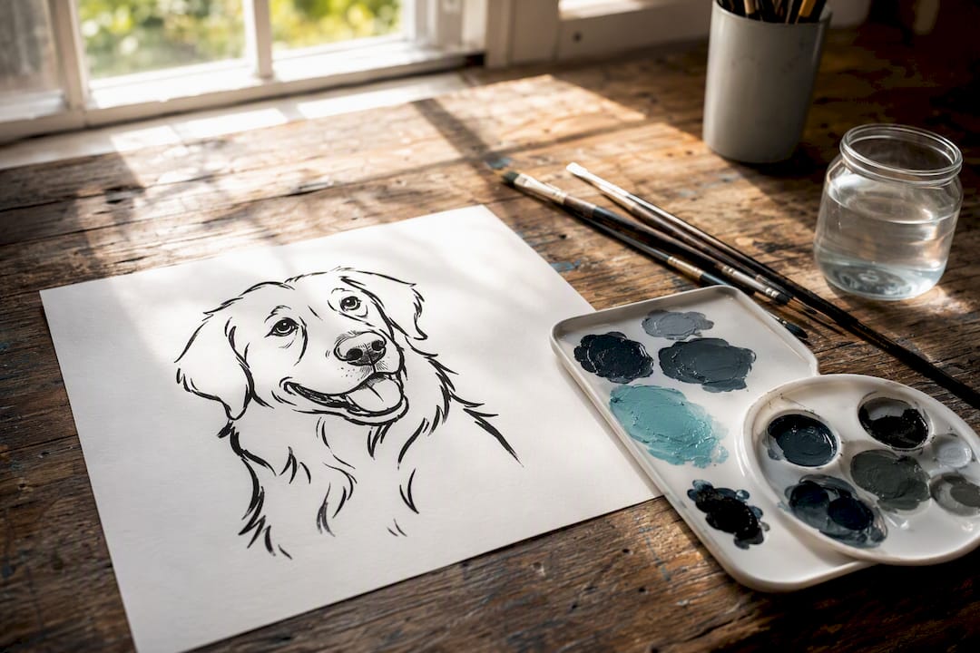 Künstlerpalette und Linienzeichnung einer Hunde-Karikatur
