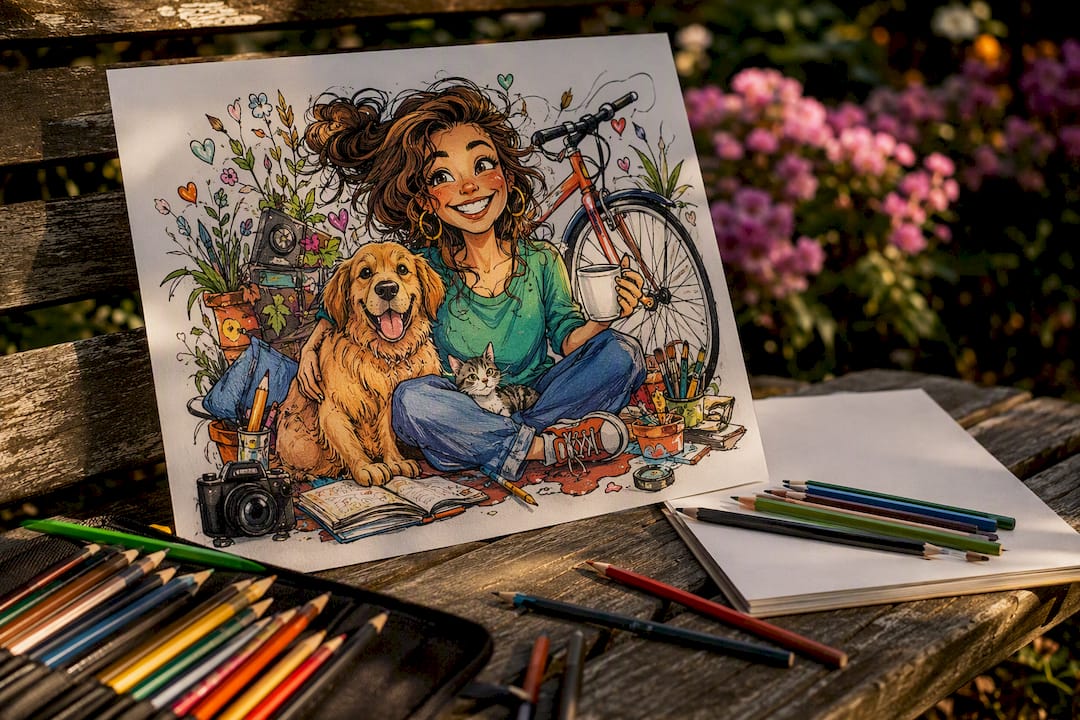 Personalisierter Karikaturen-Poster mit Hobbys und Haustieren
