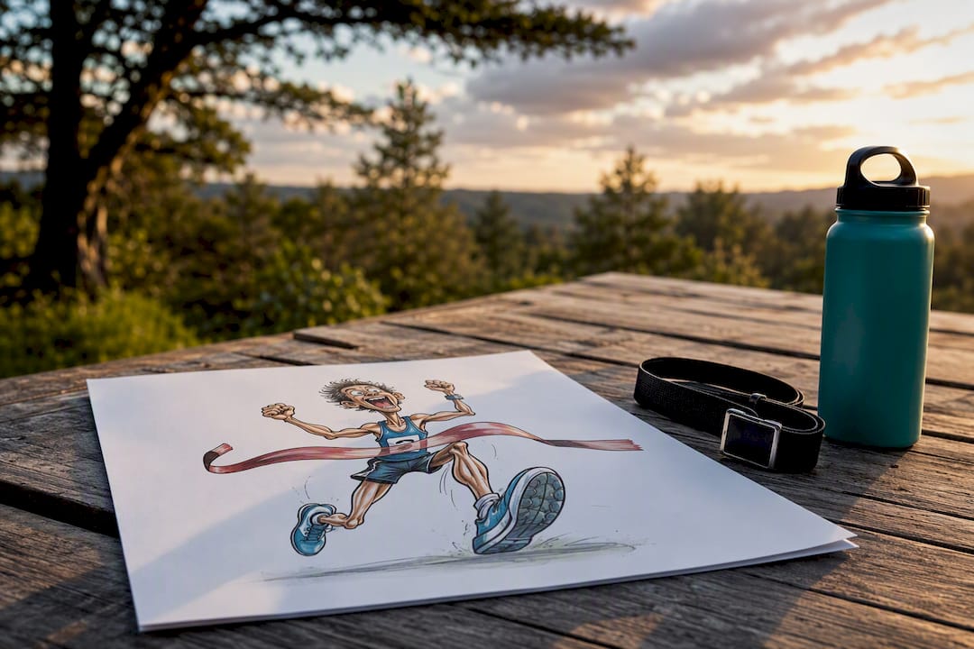 Karikatur eines Marathonläufers mit übertrieben großen Beinen