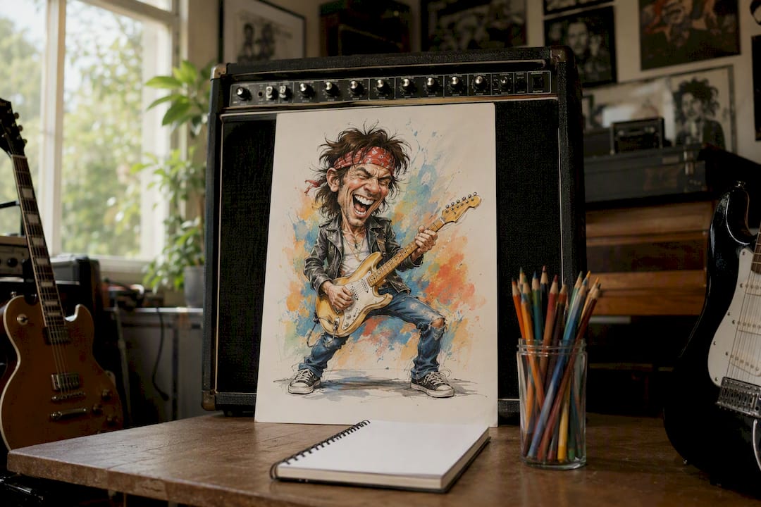 Karikatur eines Musikers auf kleiner Bühne mit großem Verstärker
