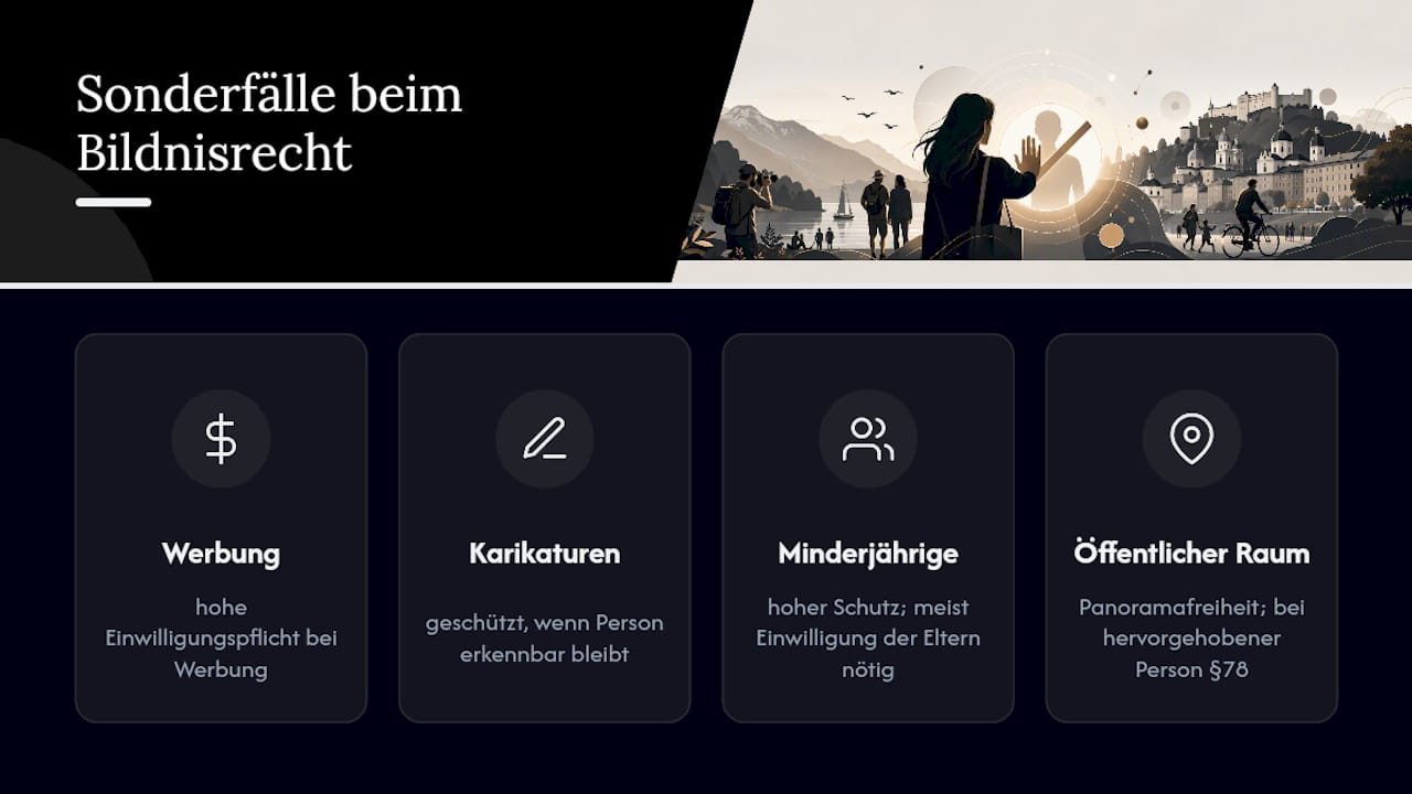 Sonderfälle: Werbung, Karikaturen, Kinder und öffentliche Räume — overview diagram
