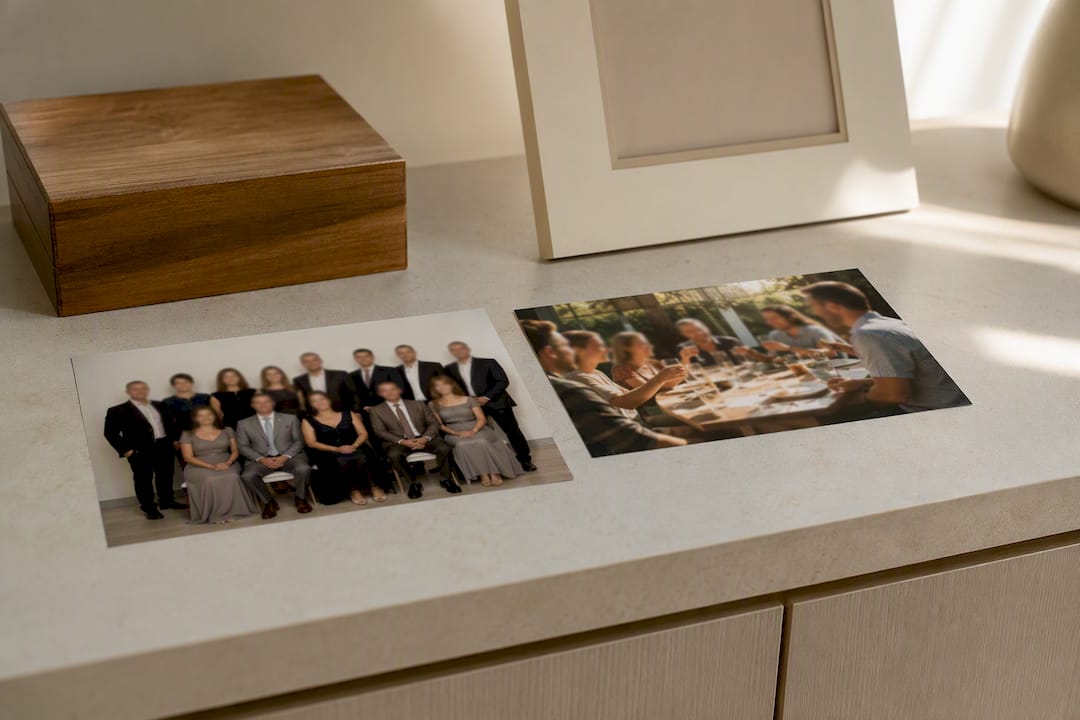 Formelles Gruppenfoto neben einem spontanen Schnappschuss