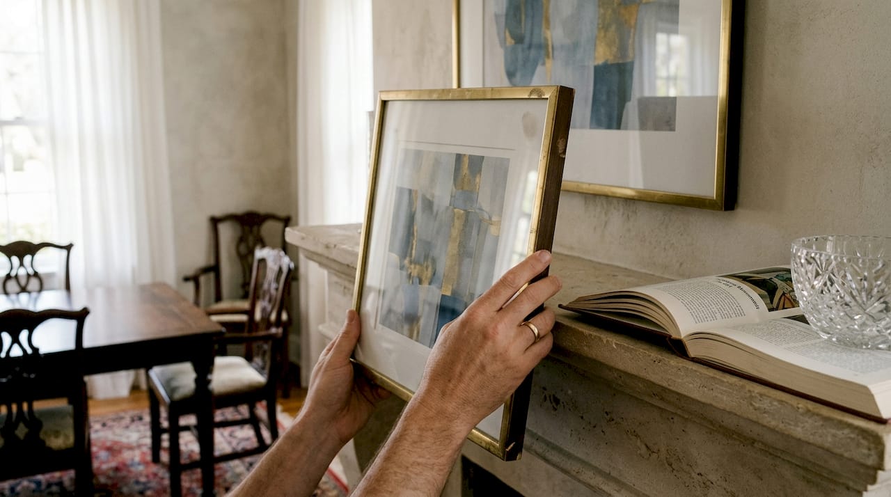 Hands adjusting luxury art frame on mantel