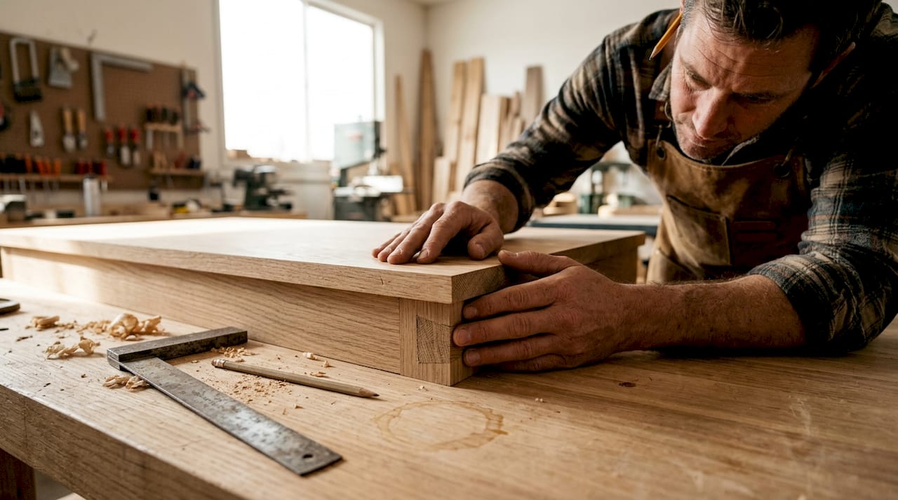 Craftsman checking solid wood table joint
