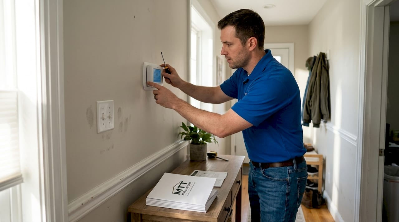 Technician installing smart thermostat in hallway