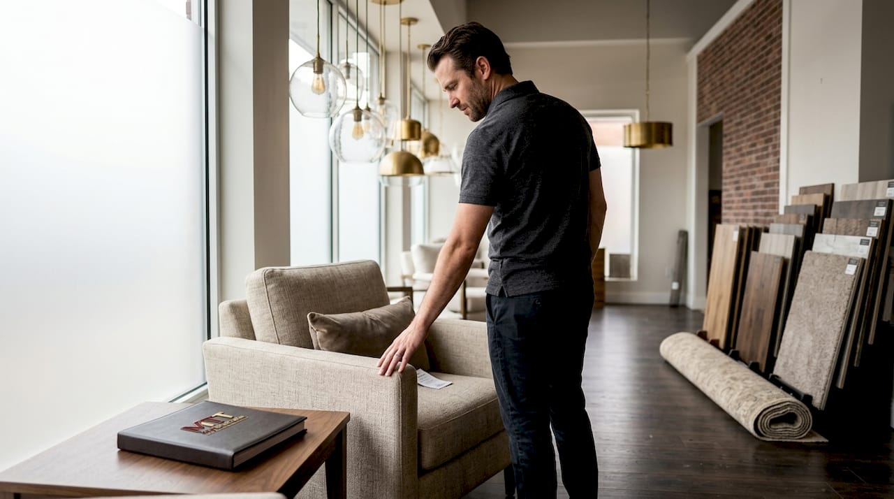 Man inspecting armchair in home boutique