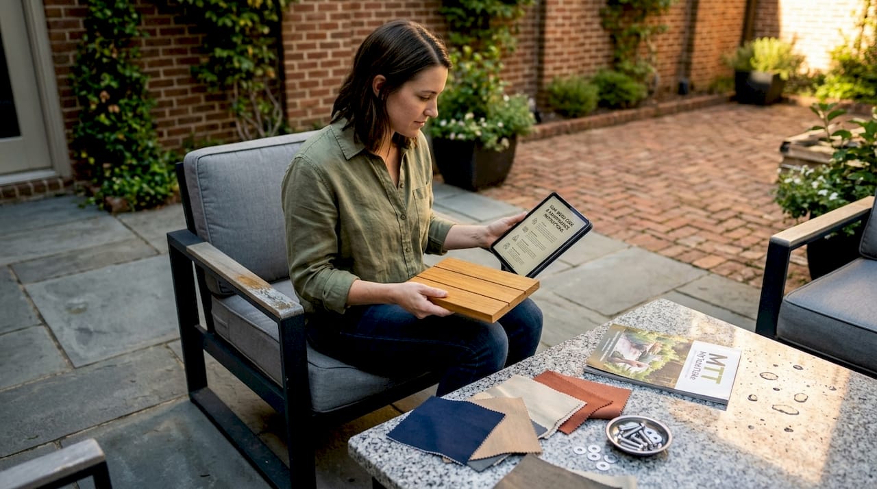 Woman comparing outdoor furniture materials