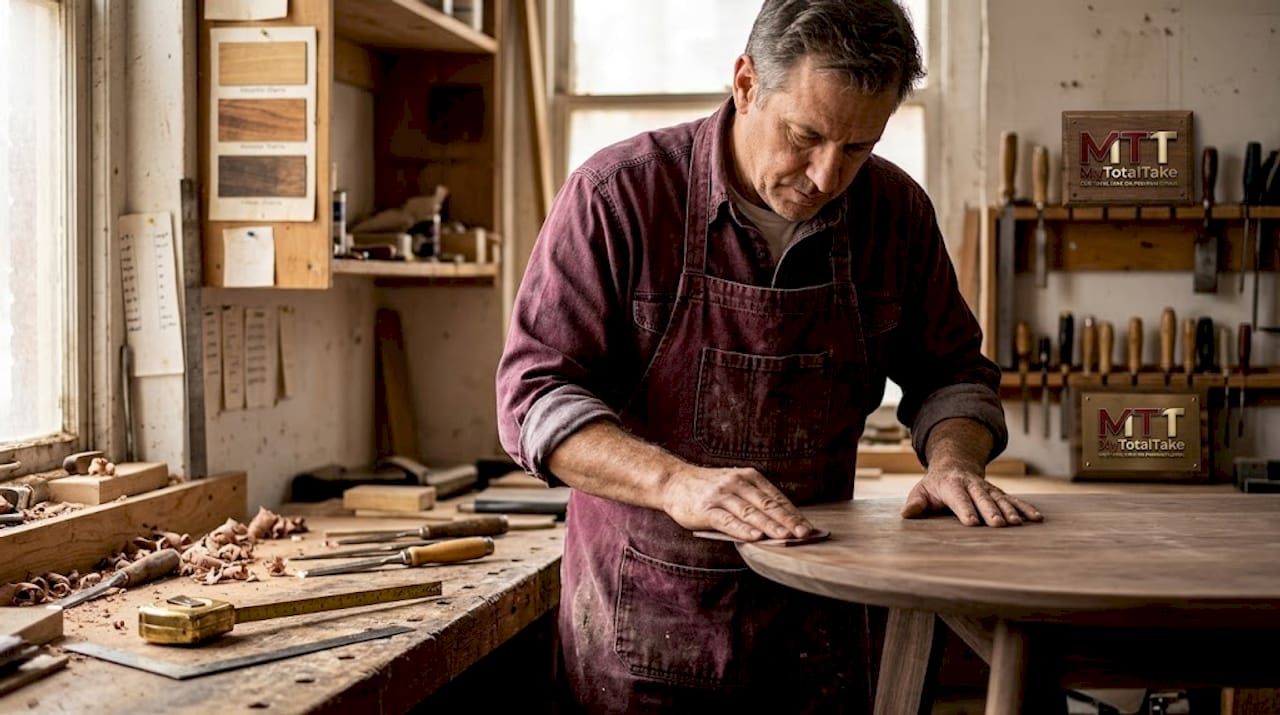 Artisan sanding walnut table in workshop