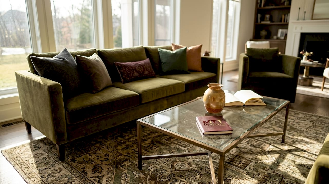 Statement sofa and layered modern decor