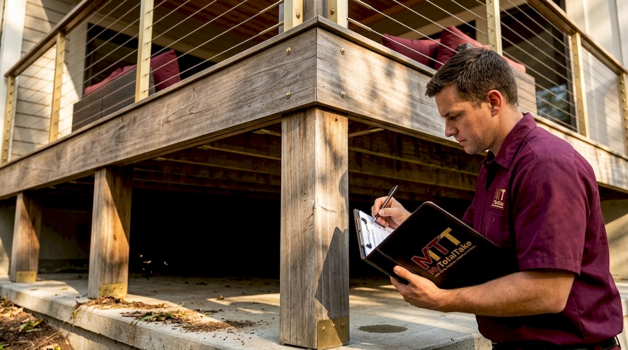 Worker inspecting modern elevated deck structure