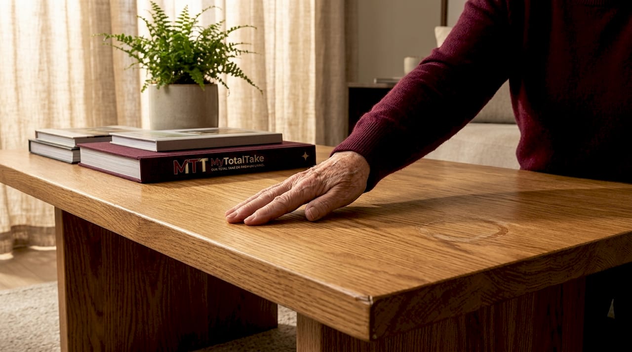 Homeowner touches handmade oak table surface