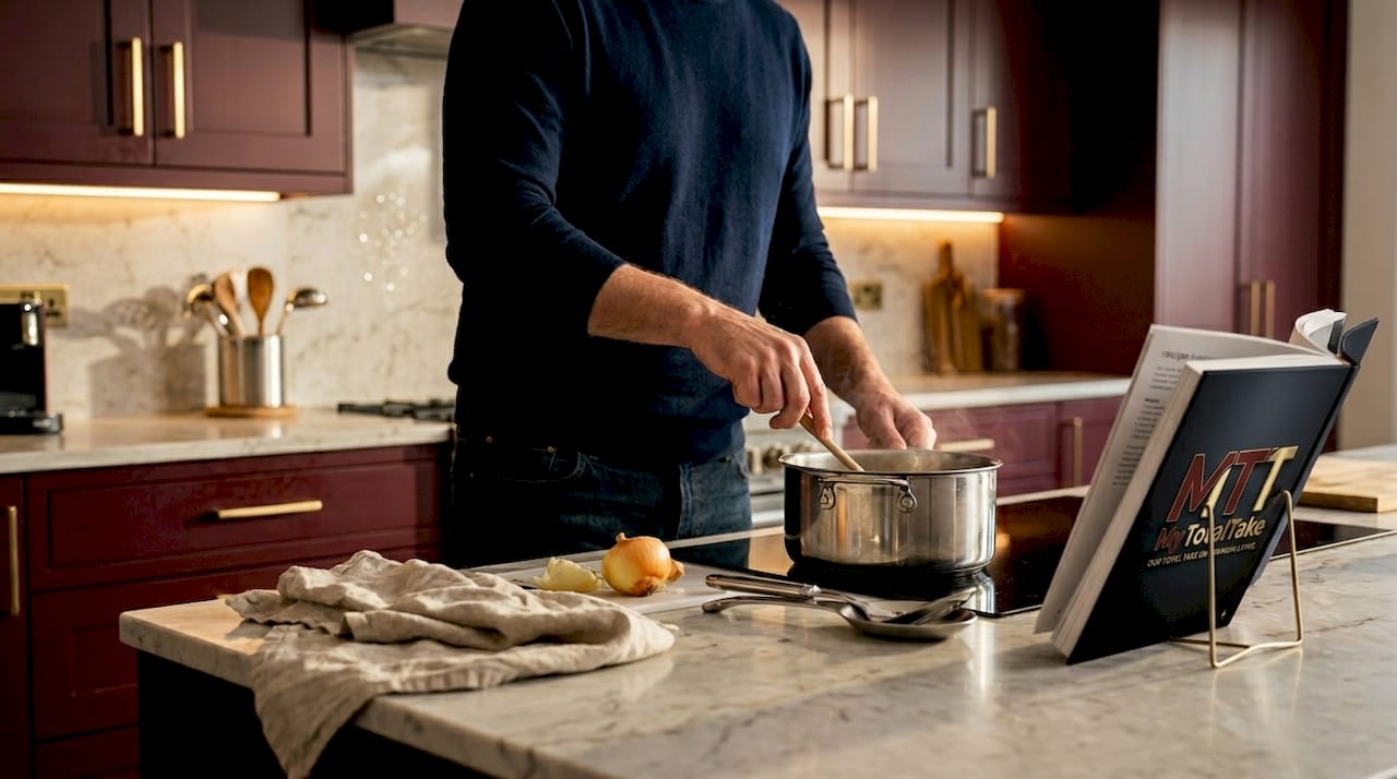 Man cooks in refined modern luxury kitchen