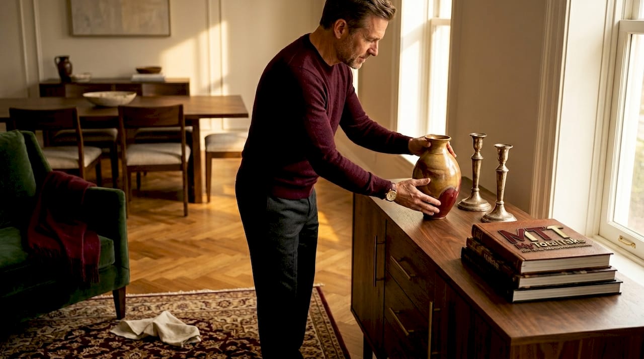 Man selecting artisan decor for dining room