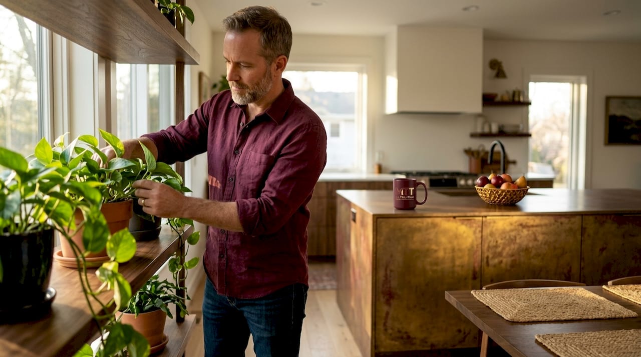 Man arranging plants on oak shelf in kitchen