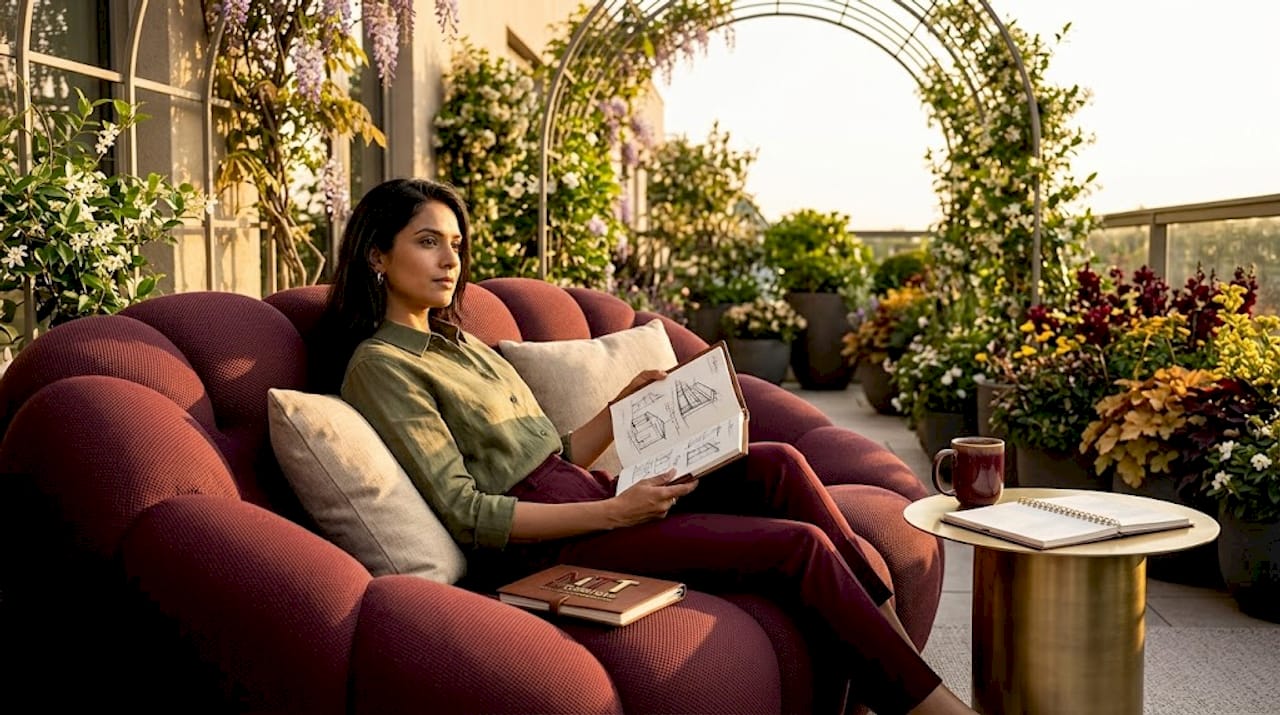 Designer on sculptural bubble garden sofa