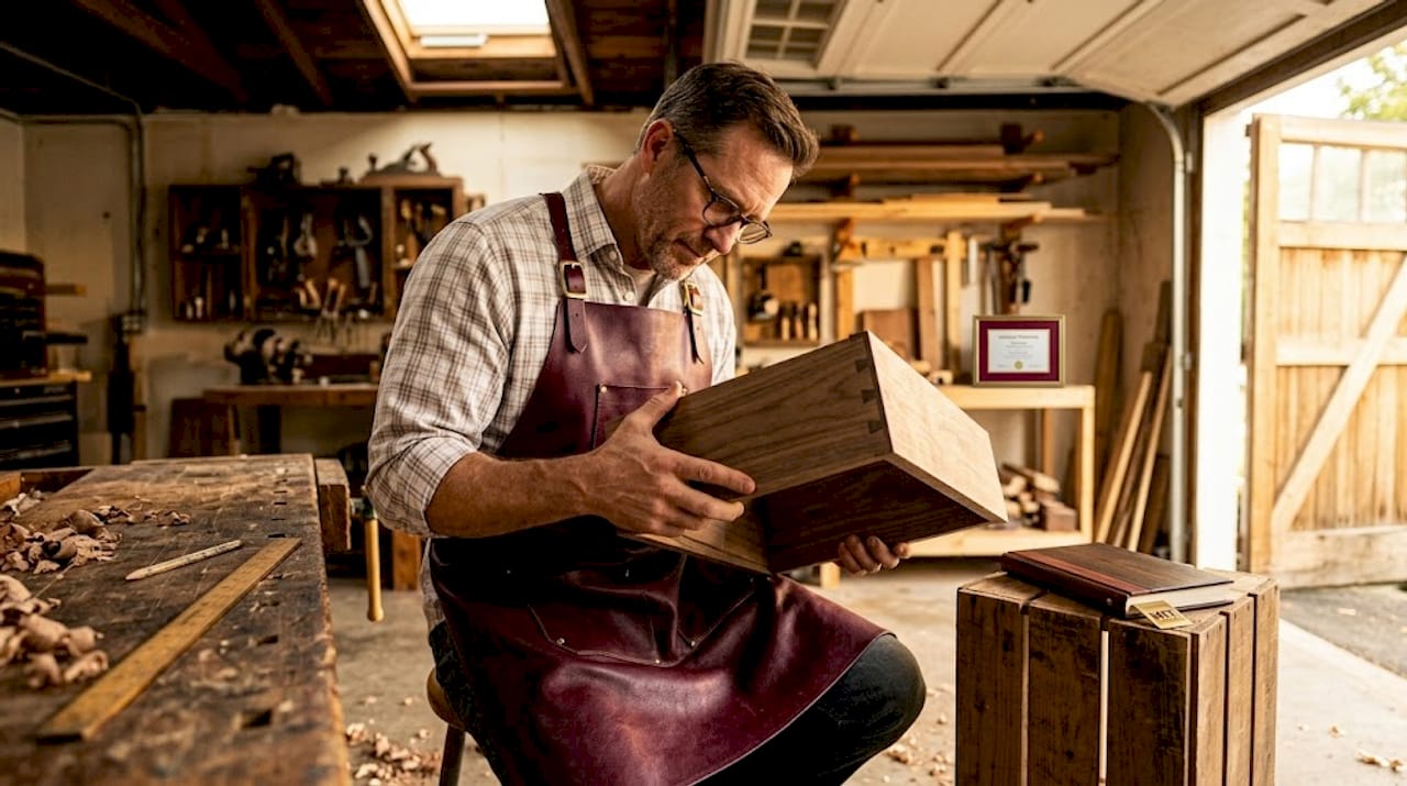 Craftsman inspecting dovetail joinery drawer