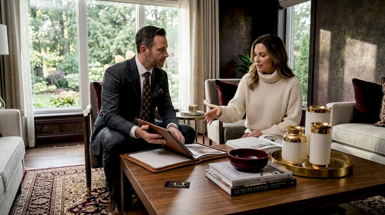 Agent and homeowner discuss staging in upscale dining room