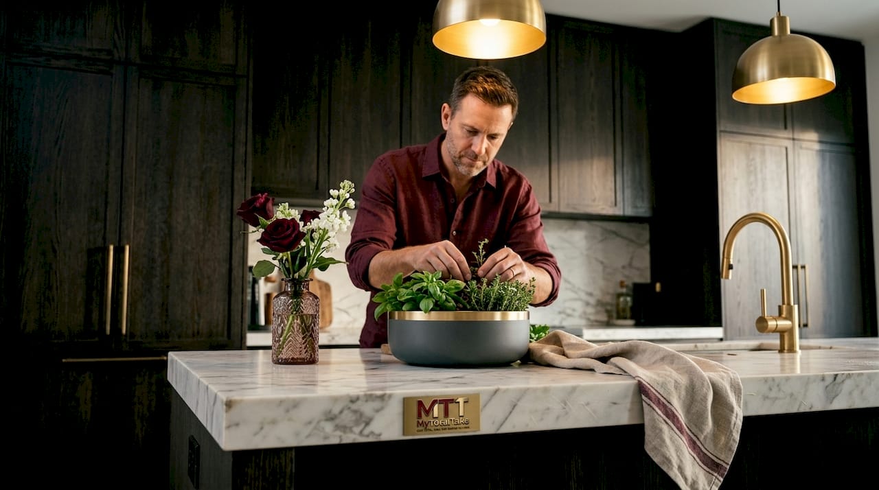 Contemporary kitchen with man arranging herbs