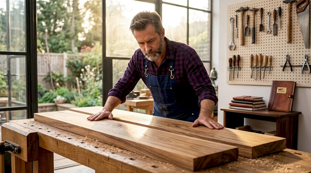 Furniture maker inspecting wood planks in workshop