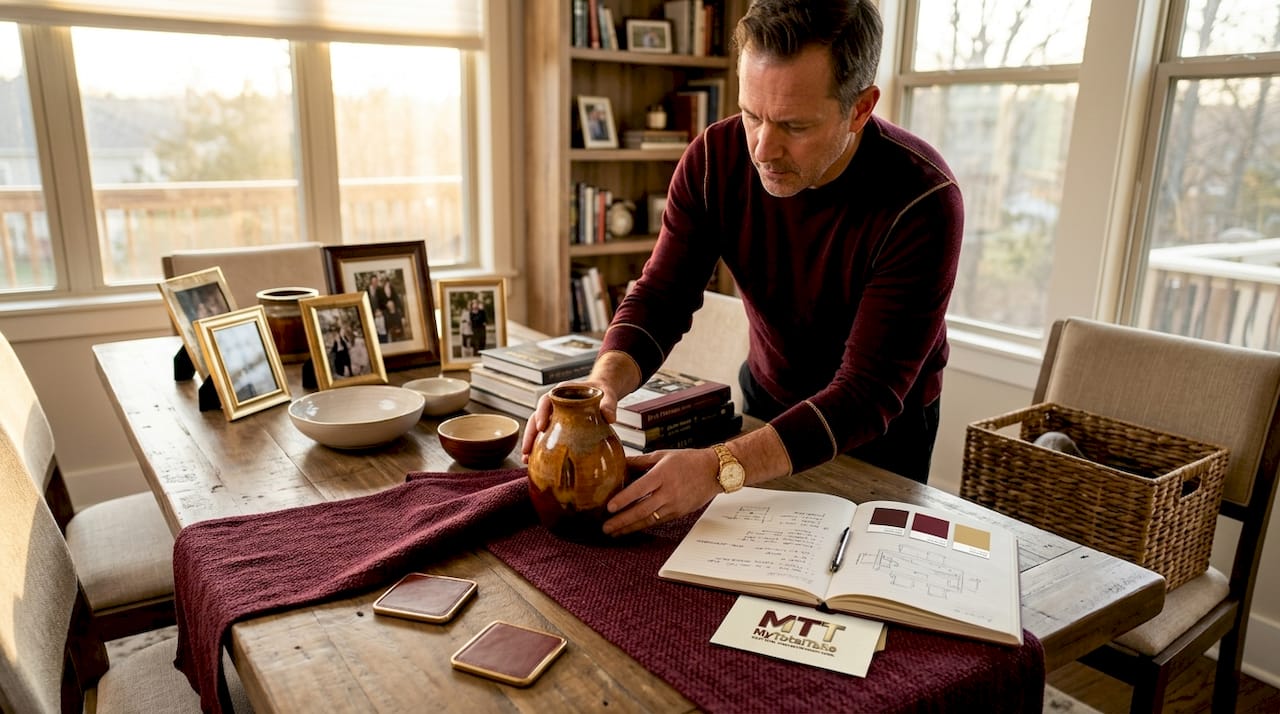Man auditing home decor on dining table