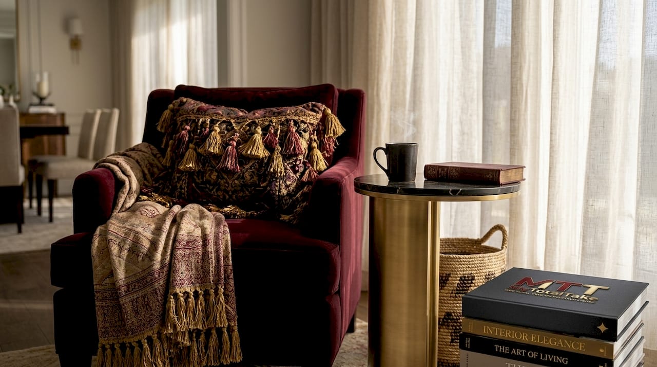 Handwoven textiles in a cozy reading corner