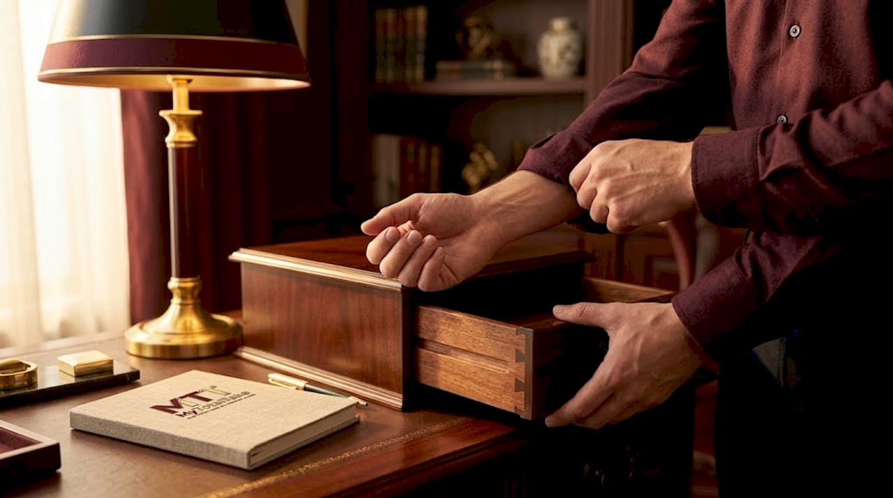 Hands inspecting solid wood dovetail joinery