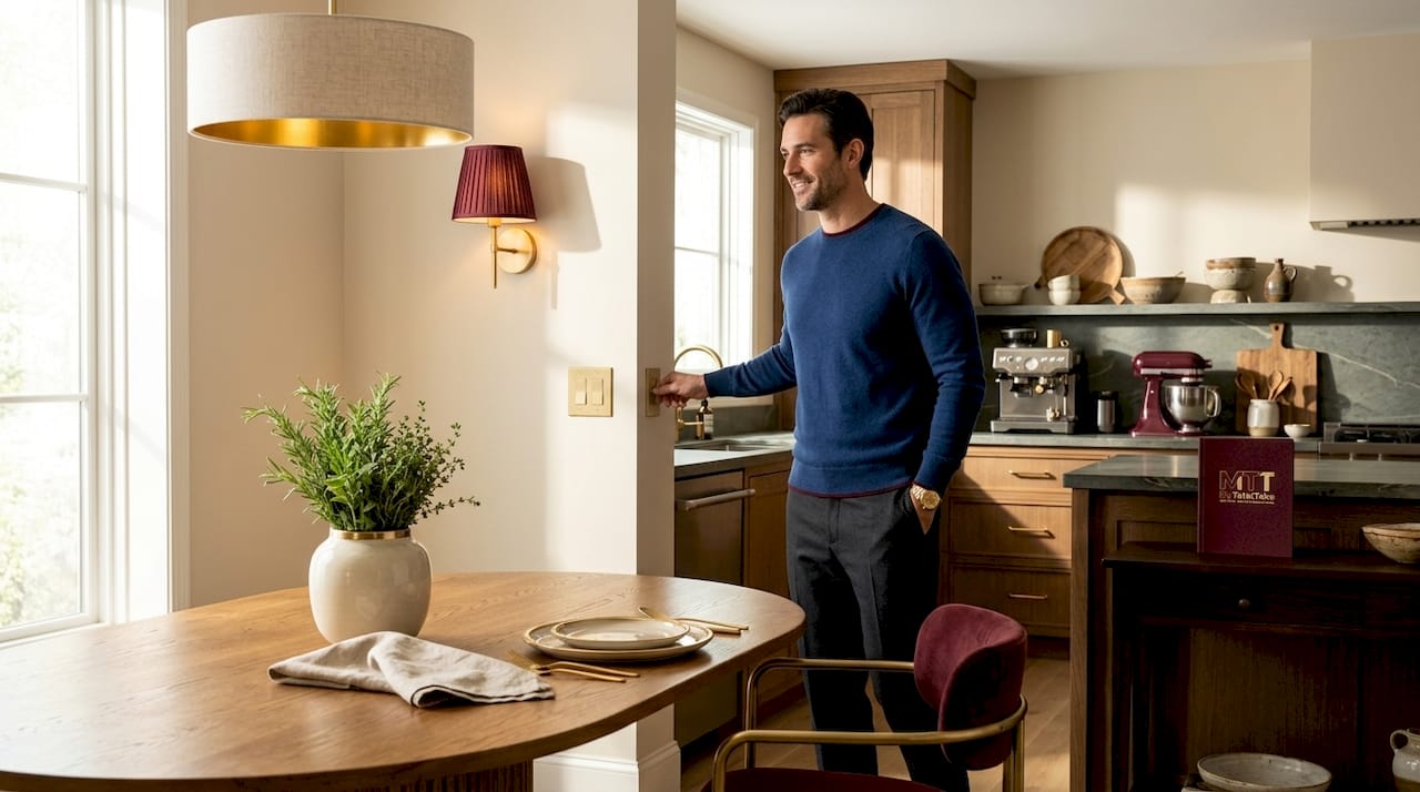 Man adjusts lighting in textured neutral kitchen