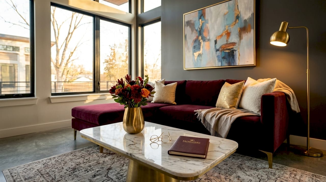 Bright staged living room with modern furnishings