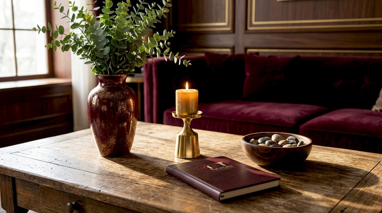 Coffee table with ceramic vase, candle holder, and wooden bowl