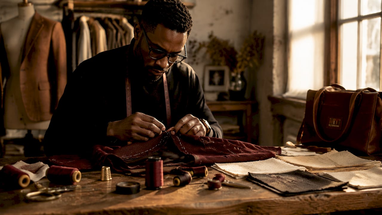 Hands stitching garment in fashion atelier