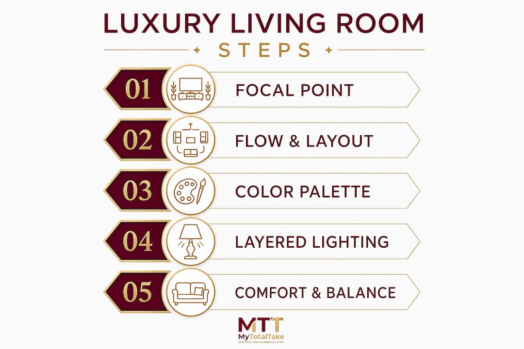 Infographic illustrating steps for luxury living room design