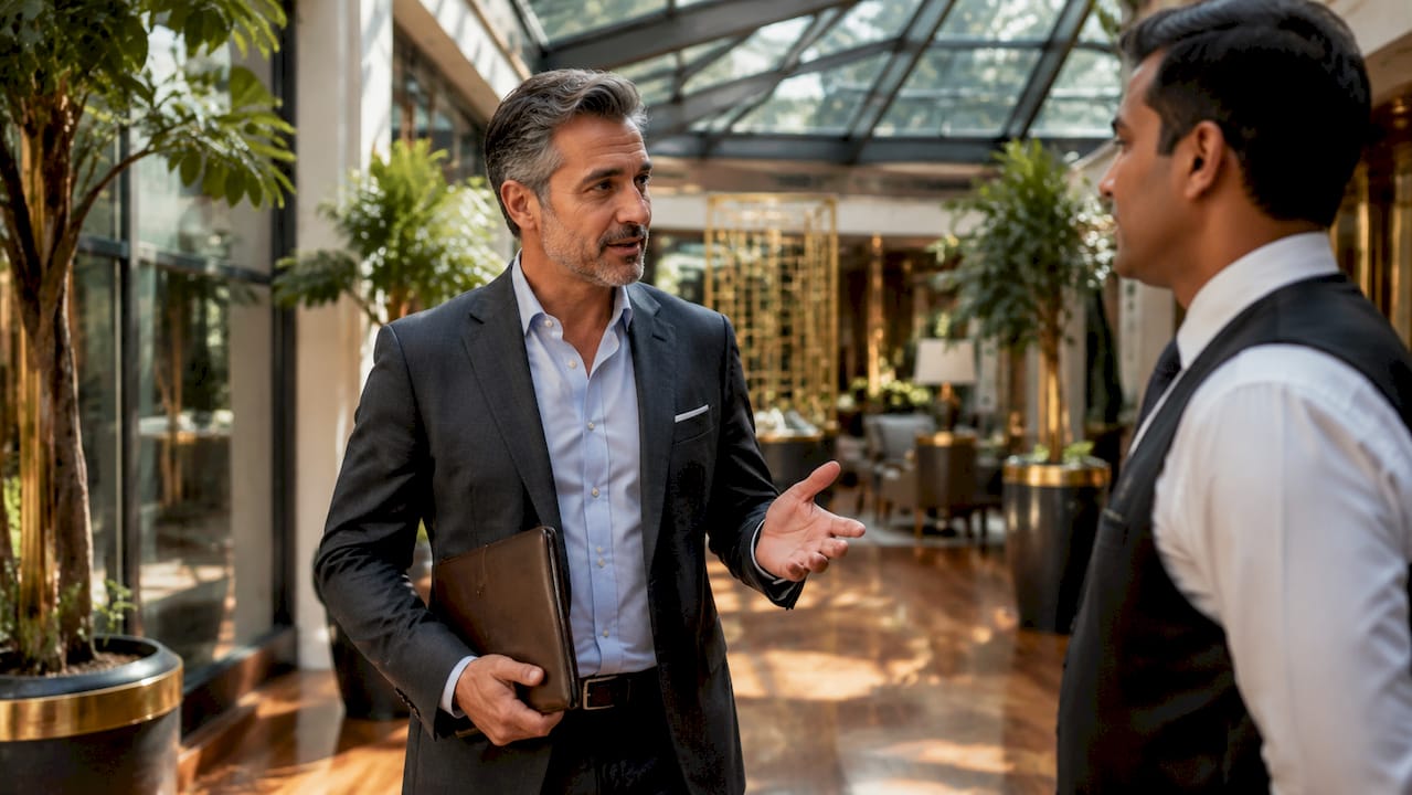 Man entering branded residence lobby in luxury property