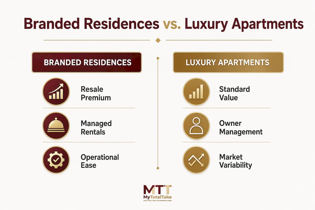 Infographic comparing branded residences and luxury apartments