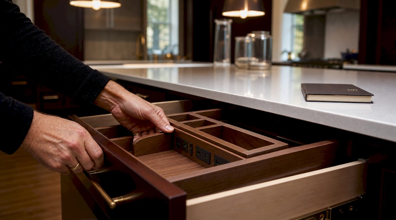 Hands installing custom kitchen storage drawer