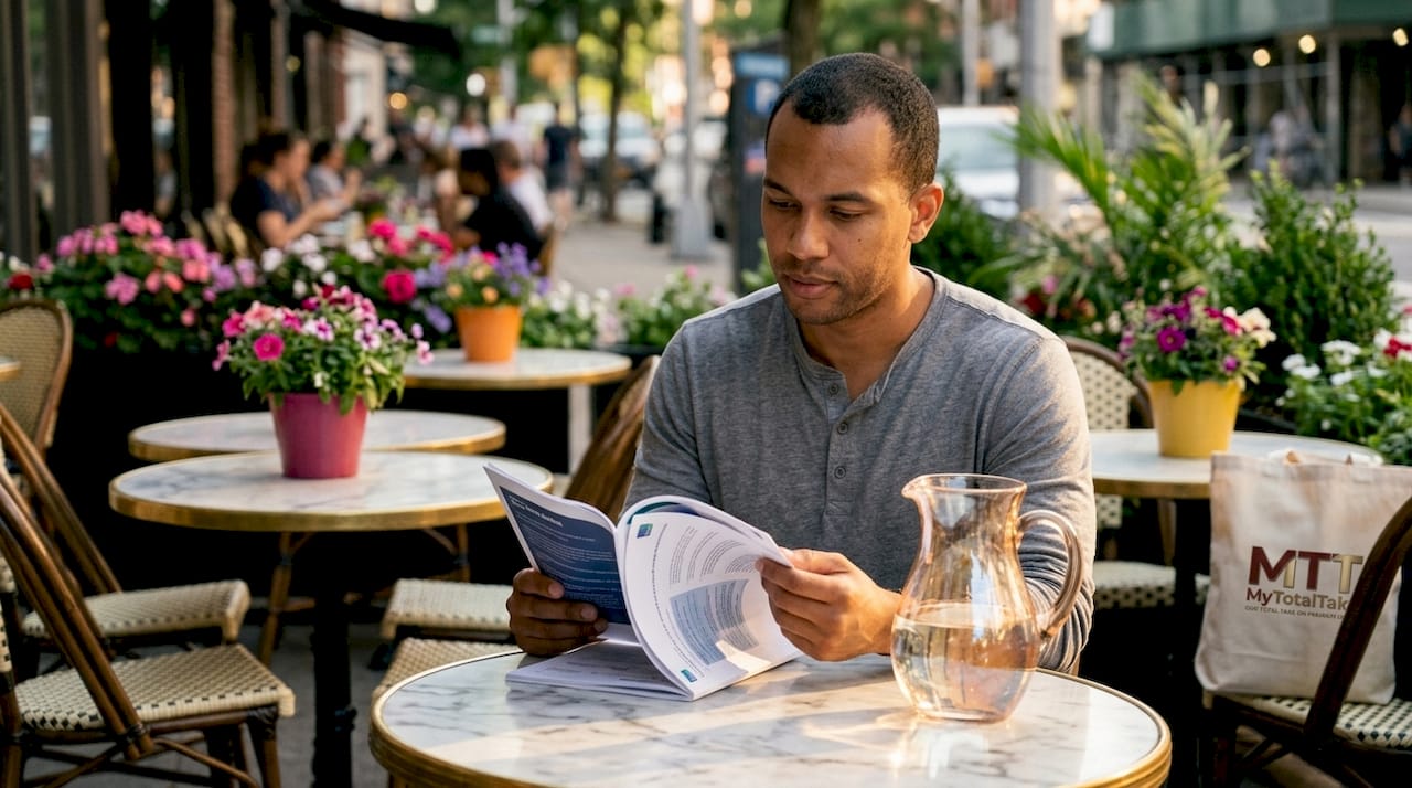 Hands reviewing consumer data booklet in café