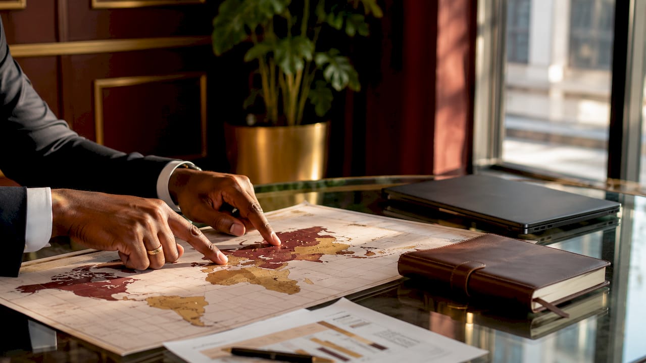 Hands pointing at luxury brand distribution map