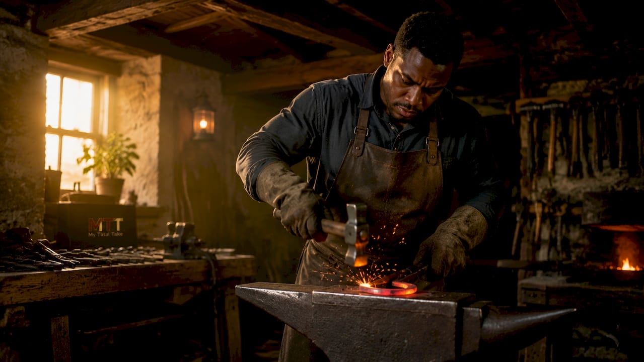 Blacksmith hammering glowing horseshoe at forge