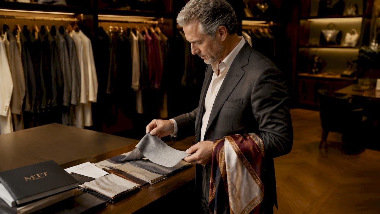 Buyer examining high-end fashion fabrics in showroom