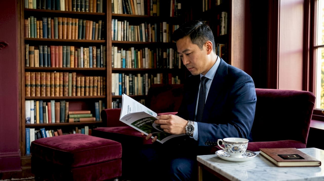 Hands reviewing luxury brand sustainability report