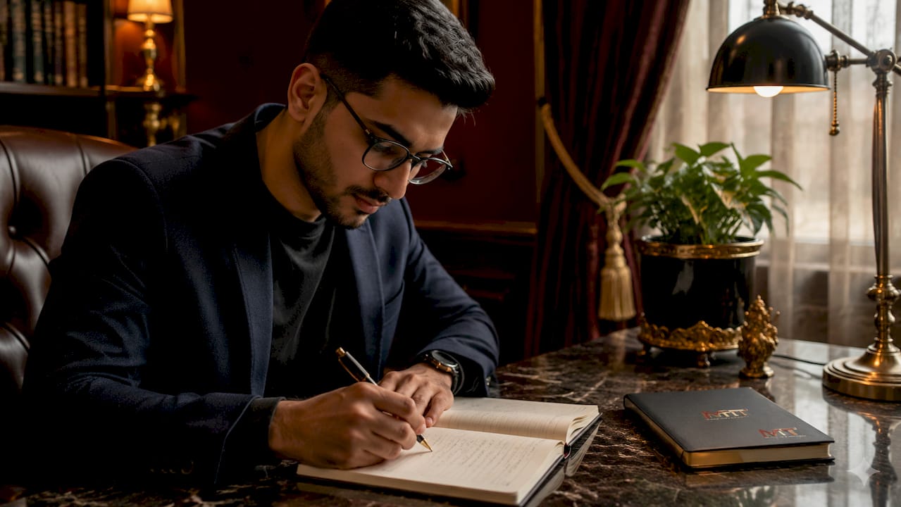 Man writing home office vision in study
