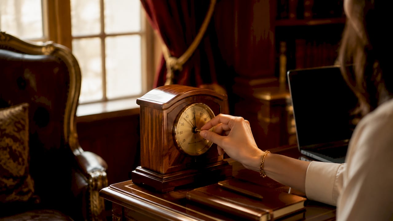 Hand adjusting hygrometer on designer wood shelf