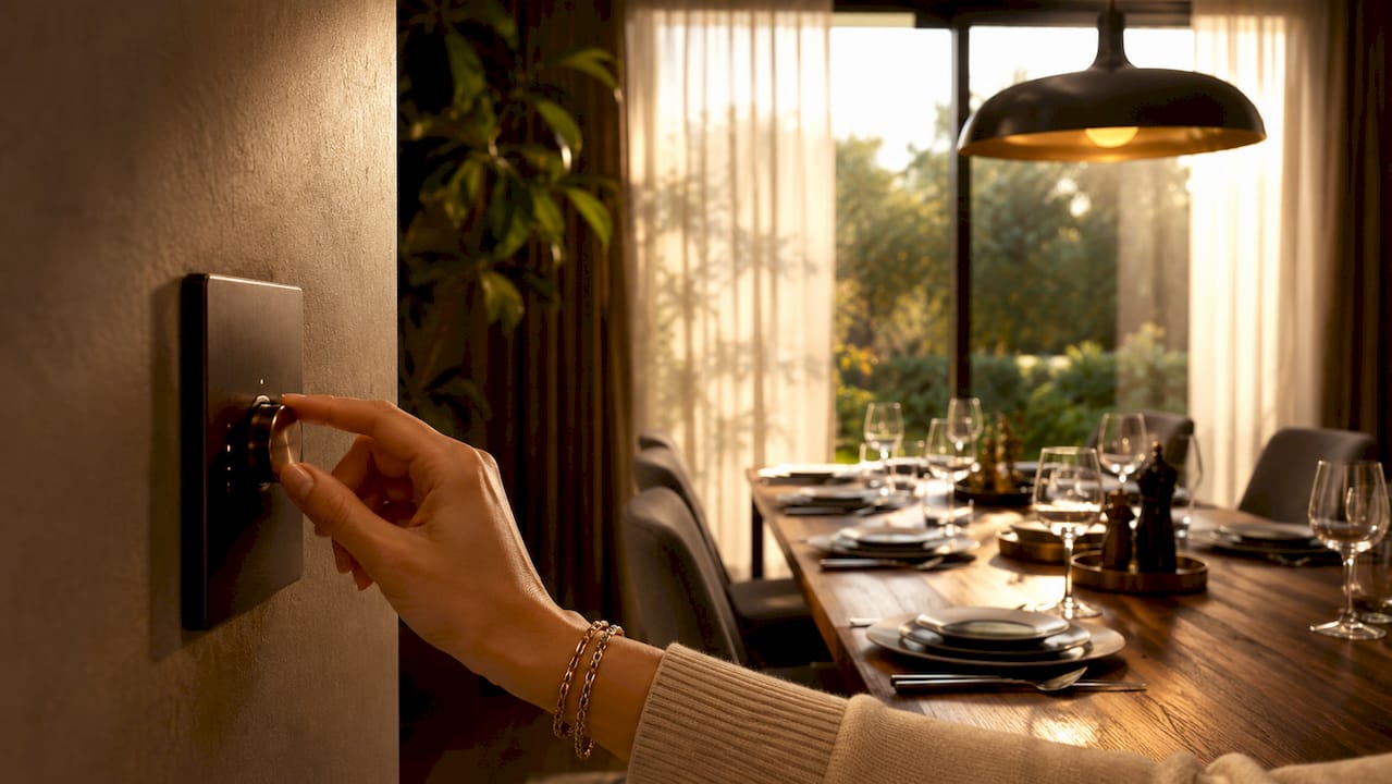 Hand adjusting smart lighting dimmer in kitchen