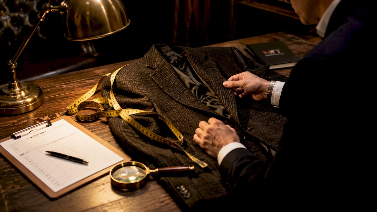 Hands inspecting inside of designer jacket