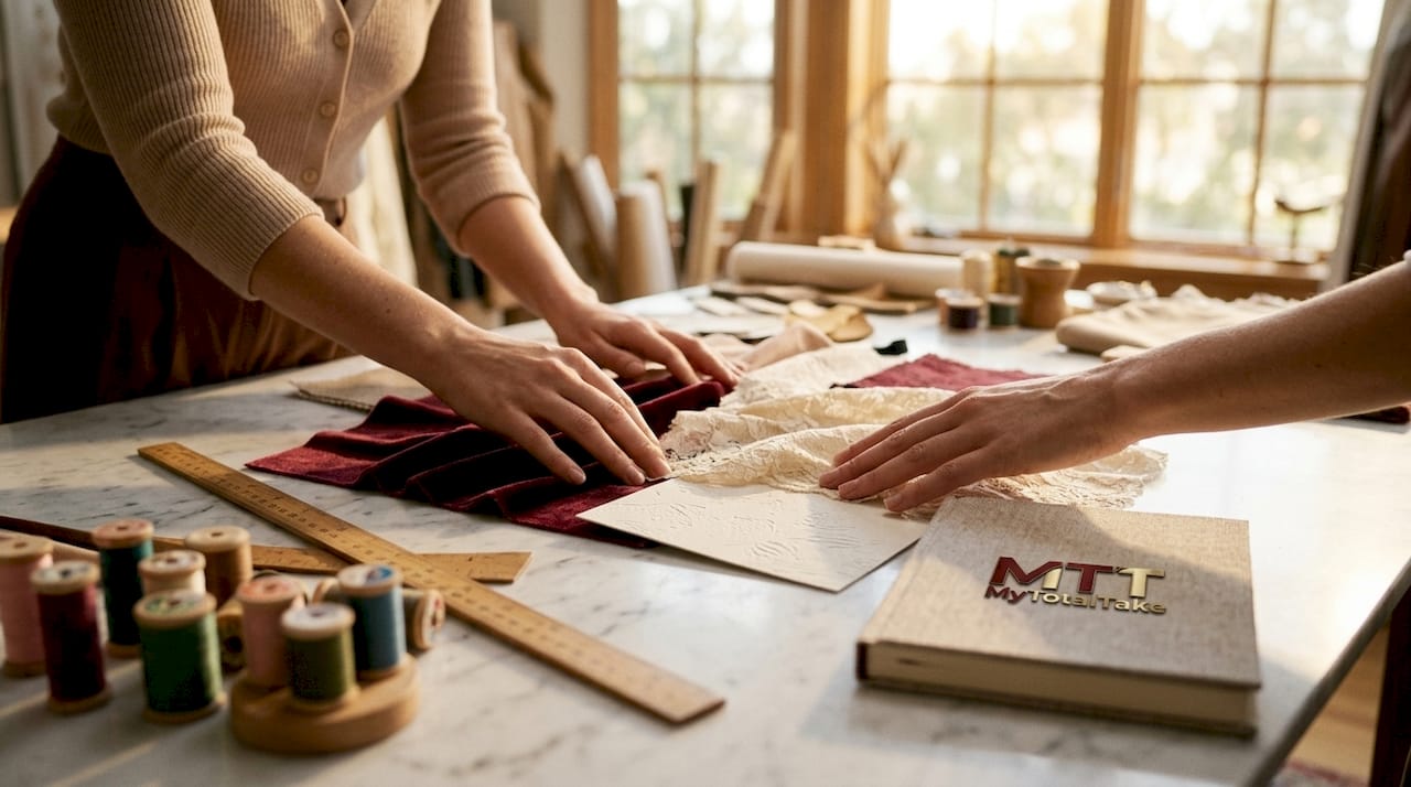 Hands touching textured fabric samples