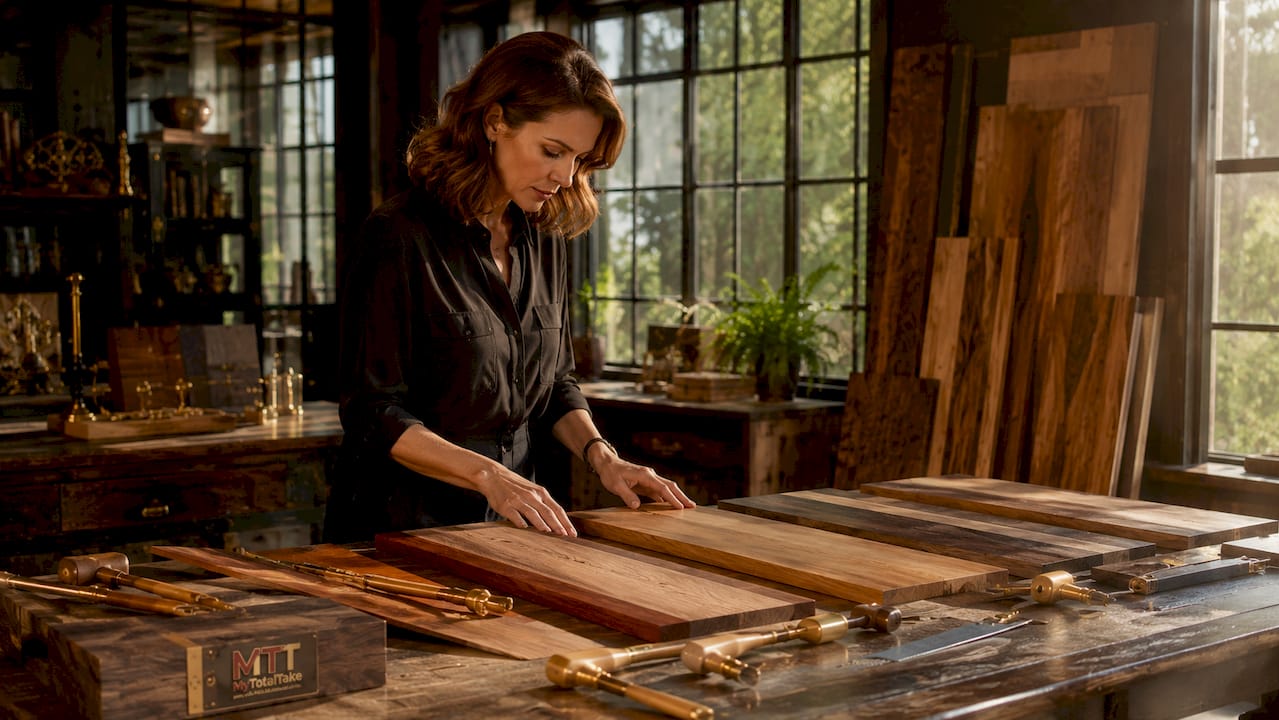 Hands selecting quality hardwood planks in workshop