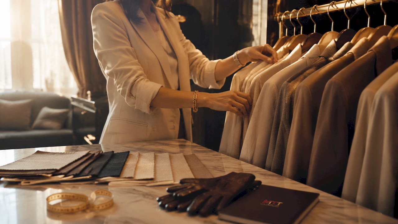 Hands selecting neutral toned luxury clothes