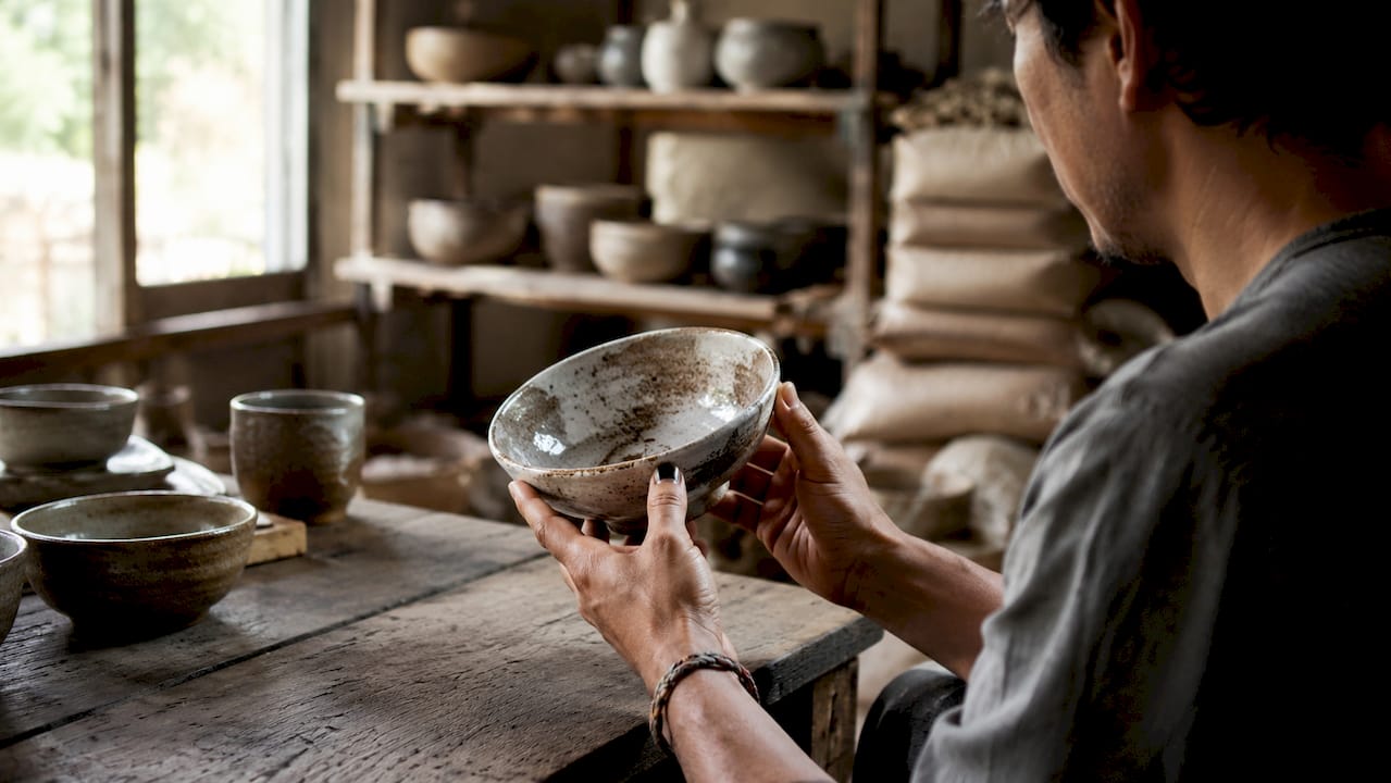 Hands inspecting handmade ceramic bowl's artisanal quality