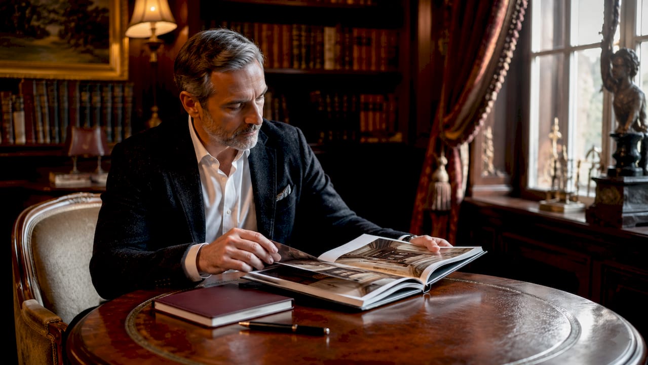 Man reflecting on traditional versus modern luxury