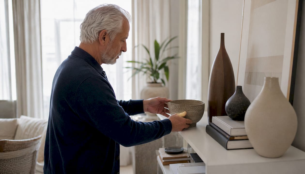 Man arranging purposeful minimalist decorative objects on shelf.