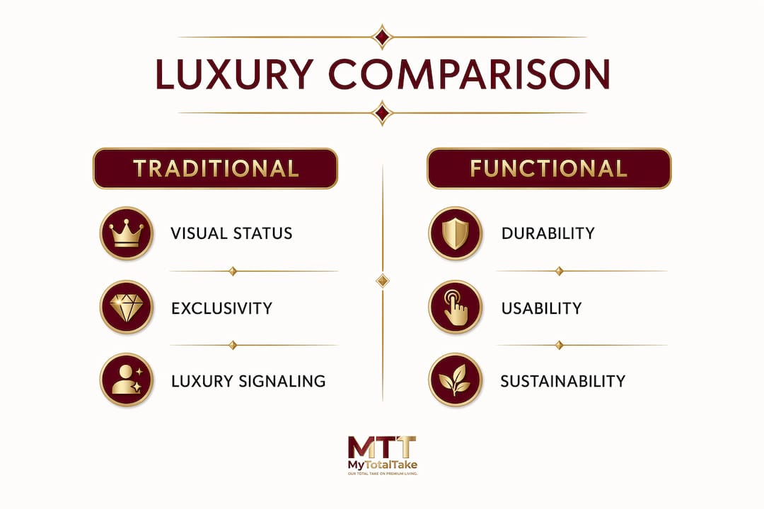 Infographic comparing traditional and functional luxury design principles.